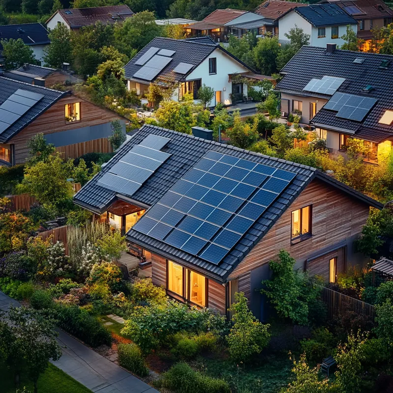 Wohnsiedlung mit Photovoltaikanlagen auf den Dächern