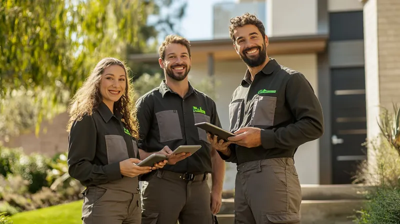 Drei Service-Techniker von venevo mit Tablet vor einem Haus