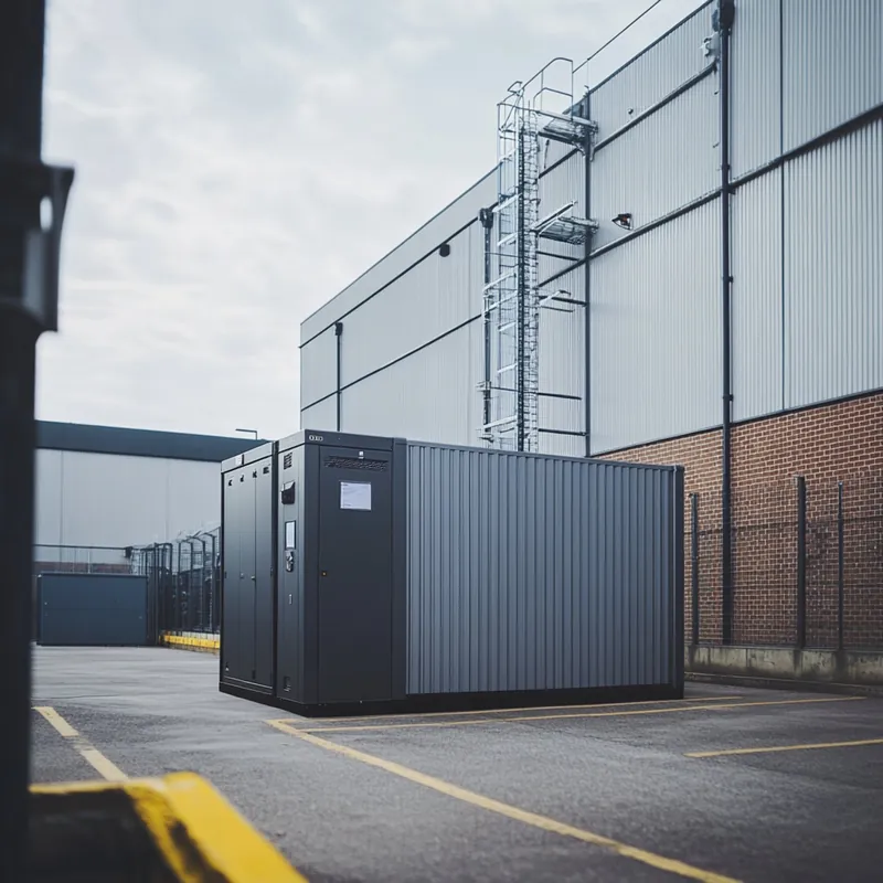 Stromspeicher-Container vor einer Gewerbehalle