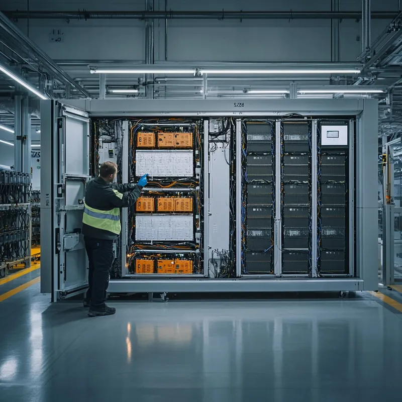 Techniker wartet einen großen Batteriespeicher