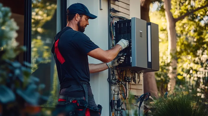 Techniker installiert einen Wechselrichter an einer Hauswand
