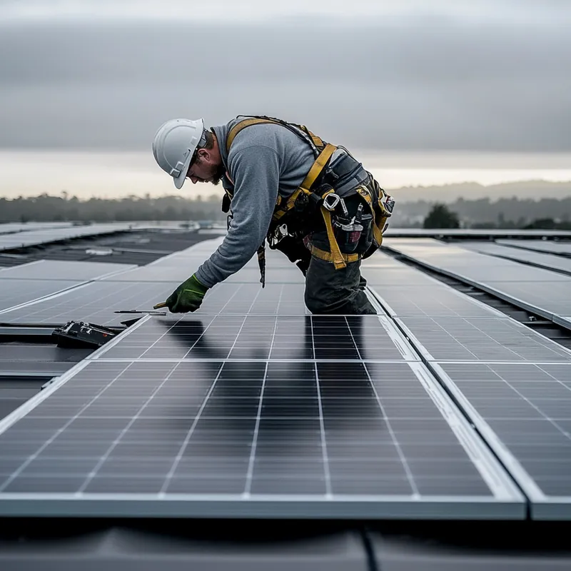 Techniker prüft eine Photovoltaikanlage auf dem Dach
