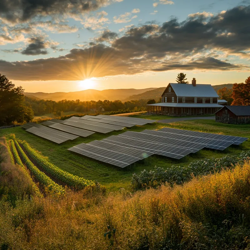 Photovoltaikanlage auf einem Feld neben einem Bauernhof bei Sonnenuntergang
