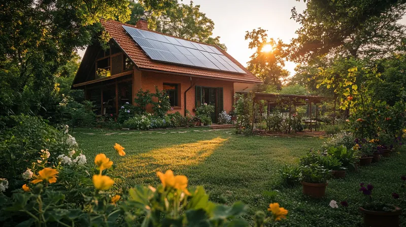 Einfamilienhaus mit Photovoltaikanlage auf dem Dach im Abendlicht